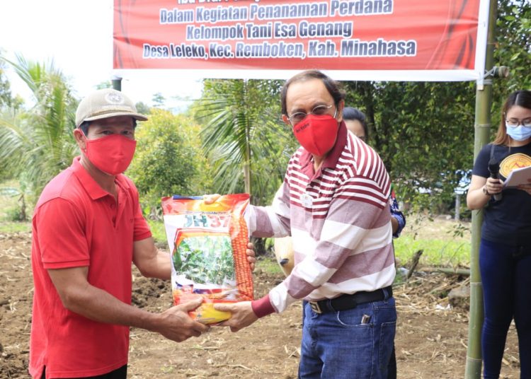 SUPPORT : Bupati Royke Roring menyerahkan bantuan benih Jagung kepada Kelompok Tani Esa Genang. (foto/ist)
