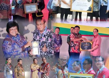 Bupati Minahasa, Dr Ir Royke Octavian Roring MSi IPU Asean Eng saat menerima enam penghargaan, yakni Paritrana Award, Pelayanan Pajak, Sertifikat Bebas Frambusia, Piala Adipura, Universal Health Coverage, dan APBD AWARD. (foto/ist)