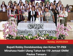 Bupati Robby Dondokambay dan Ketua TP-PKK Minahasa Hadiri Ulang Tahun ke-119 Jemaat GMIM Paulus Tonsaru